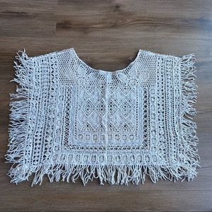 White Ivory Crochet Boho Crop Top Size Small Fringed Swimsuit Bralet Cover Up